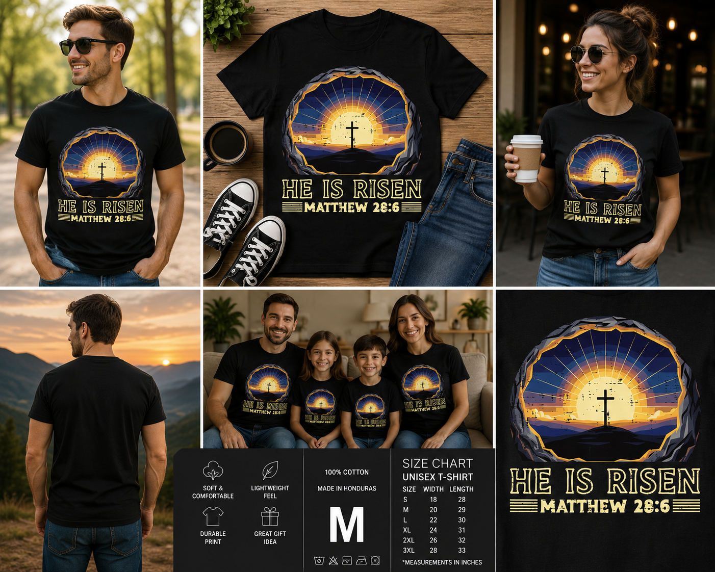 He Is Risen Matthew 28:6 Christian Easter T-Shirt for Men Women Kids