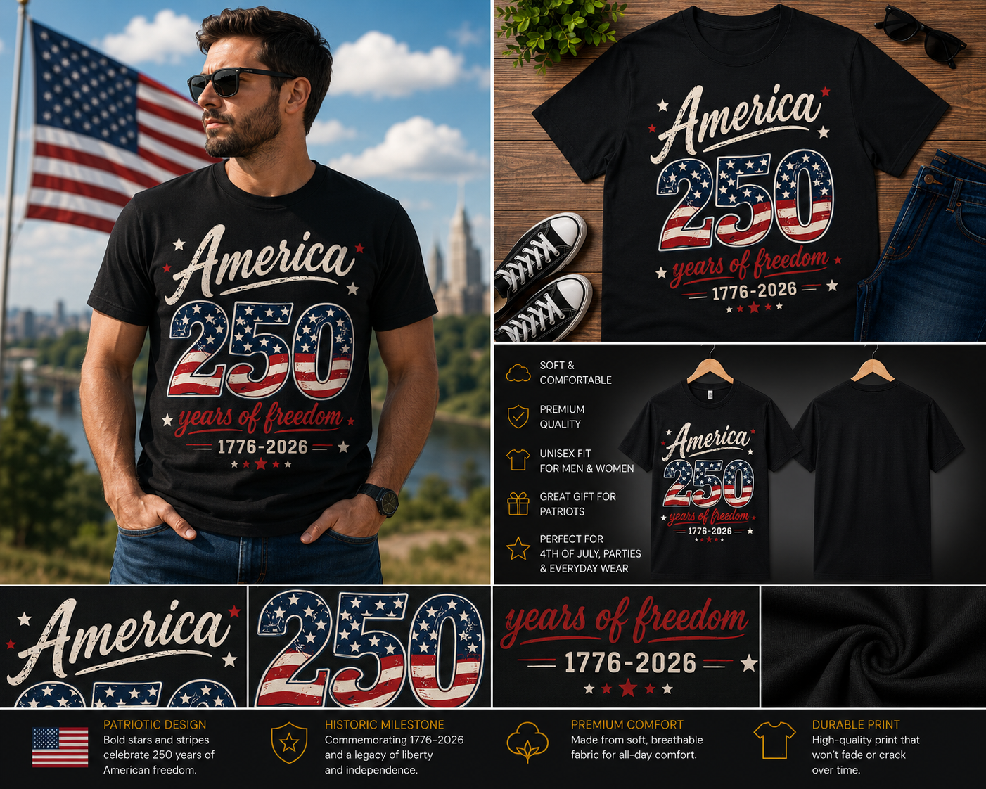 America 250 Years of Freedom Shirt – Patriotic USA 1776–2026 Semiquincentennial T-Shirt