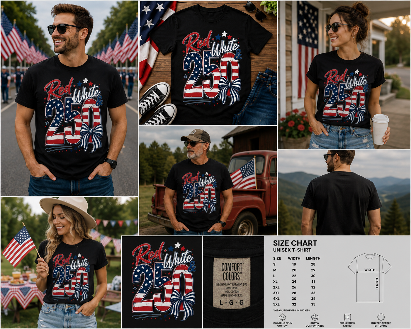 Red White & 250 T-Shirt, America 250th Anniversary Tee, Patriotic 4th of July Shirt, USA 1776-2026 Celebration T-Shirt