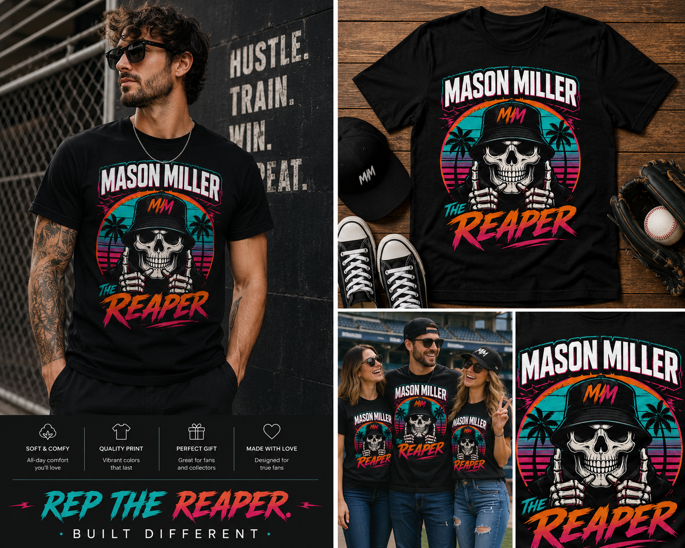Mason Miller The Reaper Graphic T-Shirt – Retro Neon Skull Tee