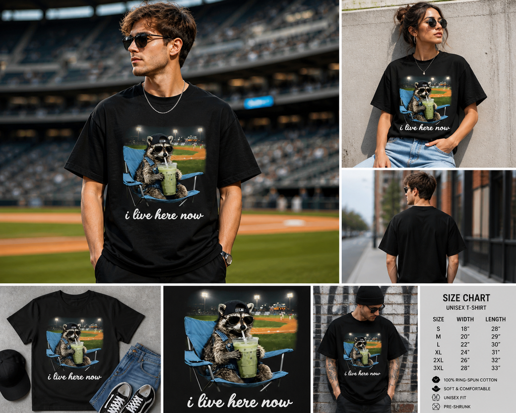 Funny Raccoon Baseball Fan T-Shirt, “I Live Here Now” Graphic Tee, Cool Sports Lover Shirt, Meme Baseball Stadium Shirt